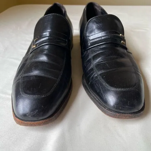 Vintage Florsheim Black Leather Loafers Slip On Gold Buckle Mens 9.5