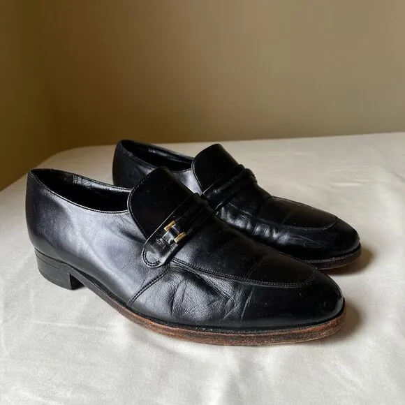 Vintage Florsheim Black Leather Loafers Slip On Gold Buckle Mens 9.5