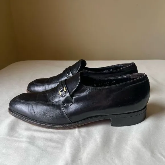 Vintage Florsheim Black Leather Loafers Slip On Gold Buckle Mens 9.5