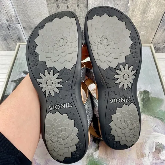 VIONIC Amber Sandals in Black Silver Metallic Size 11 New!