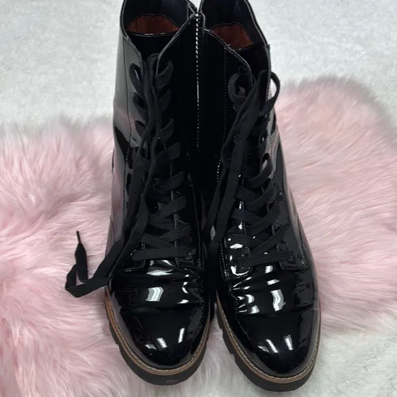 Vionic Black Combat Moto Boots Sleek Patent Finish