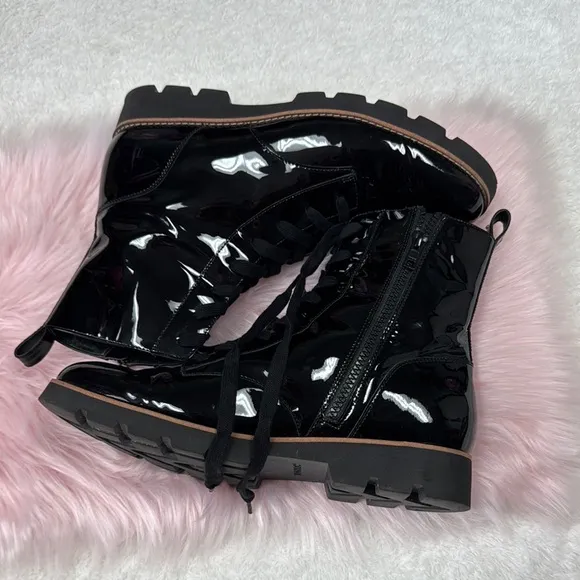 Vionic Black Combat Moto Boots Sleek Patent Finish