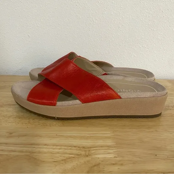 Vionic Hayden Sandals Womens 10 Red Leather Comfort Slip On Slide Shoe Strappy