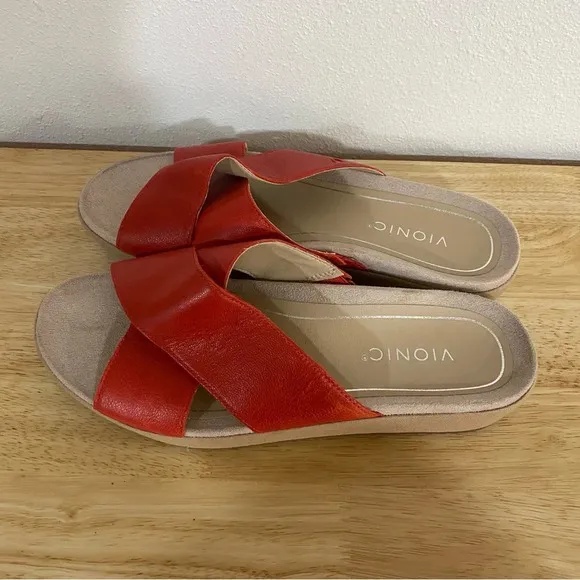 Vionic Hayden Sandals Womens 10 Red Leather Comfort Slip On Slide Shoe Strappy