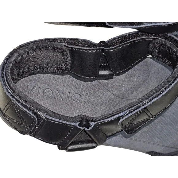 Vionic Men's Size 9 Canoe Leo Black Leather Straps Sport Sandals Comfort Shoe