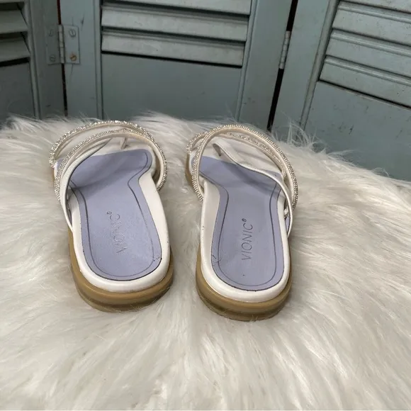 Vionic PRISM White Leather &amp; Metallic Beaded Strappy Slide Sandals Size 8.5M