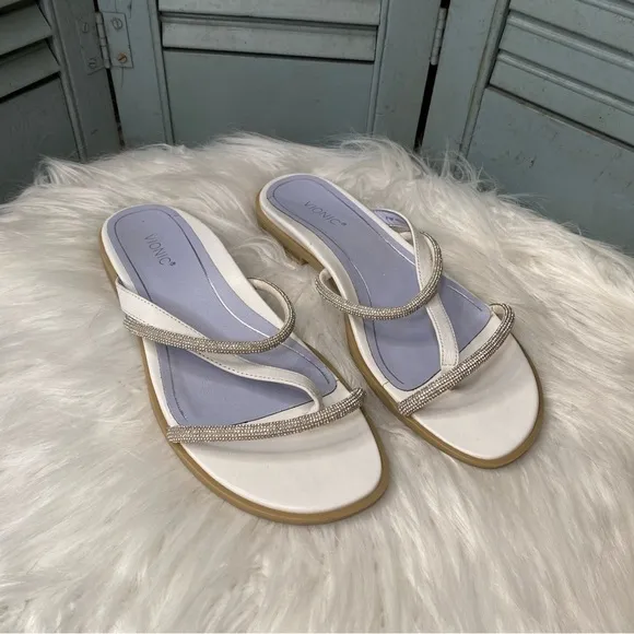 Vionic PRISM White Leather &amp; Metallic Beaded Strappy Slide Sandals Size 8.5M
