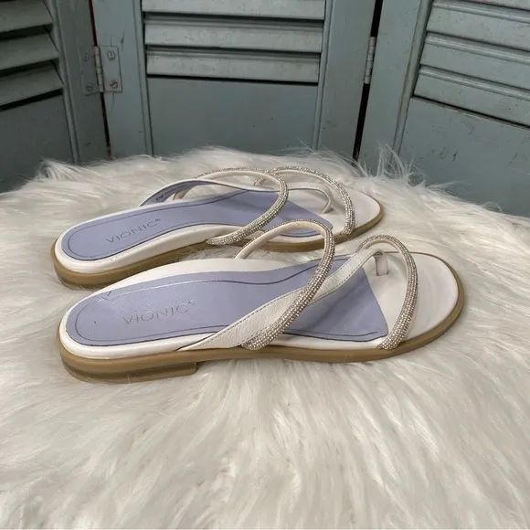 Vionic PRISM White Leather &amp; Metallic Beaded Strappy Slide Sandals Size 8.5M