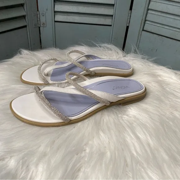 Vionic PRISM White Leather &amp; Metallic Beaded Strappy Slide Sandals Size 8.5M