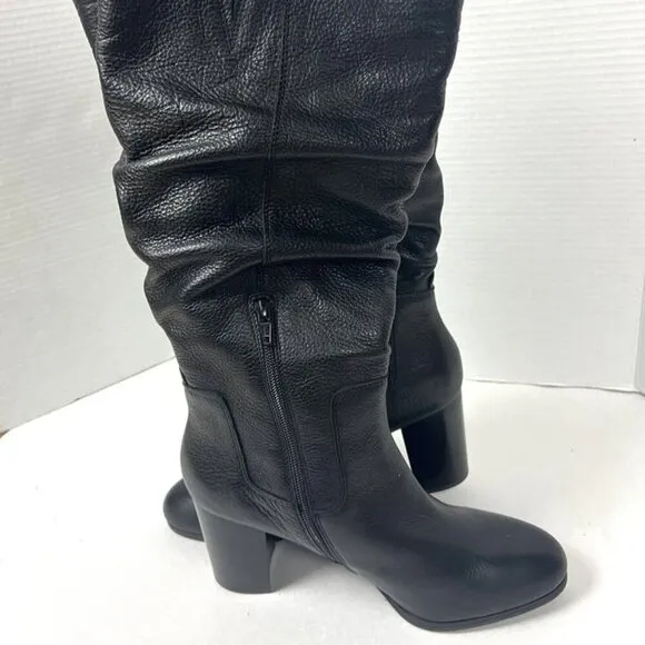 Vionic Women's Lolita Black Leather Slouchy Block Heel Knee-Hi Zip Boots Size 10
