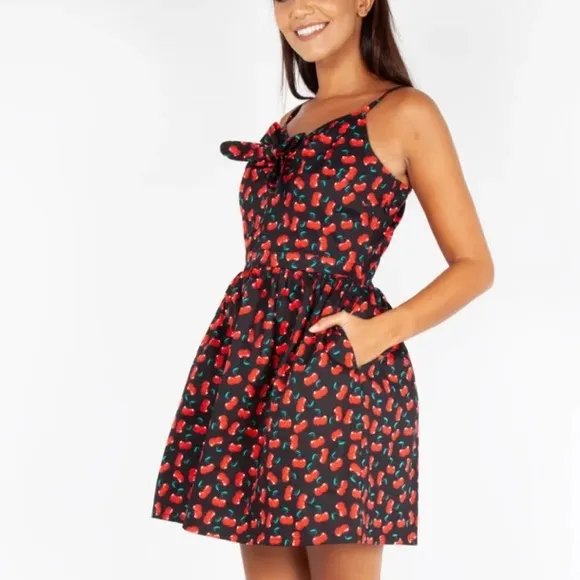 Voodoo Vixen Polly Black Cherry Print Mini Bow Retro Punk Rockabilly Dress 4