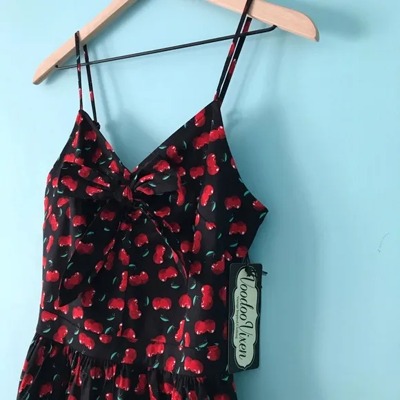Voodoo Vixen Polly Black Cherry Print Mini Bow Retro Punk Rockabilly Dress 4