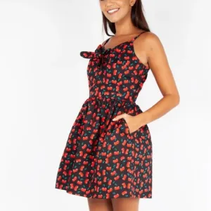 Voodoo Vixen Polly Black Cherry Print Mini Bow Retro Punk Rockabilly Dress 4