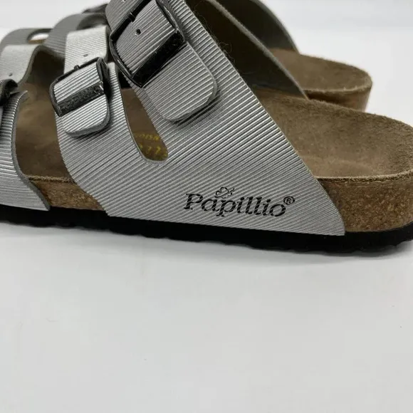 Vtg Birkenstock Papillio Textured Triple Strap Comfort Sandals Womens 7 Silver