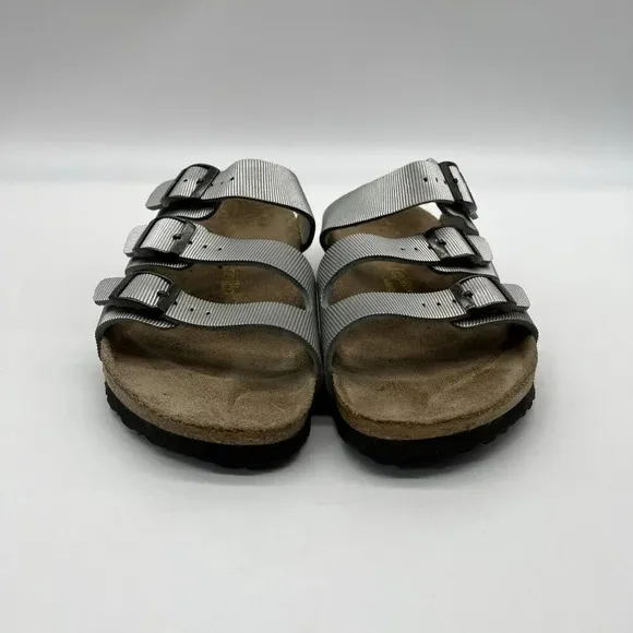 Vtg Birkenstock Papillio Textured Triple Strap Comfort Sandals Womens 7 Silver
