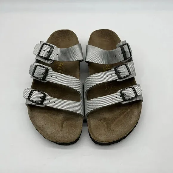Vtg Birkenstock Papillio Textured Triple Strap Comfort Sandals Womens 7 Silver