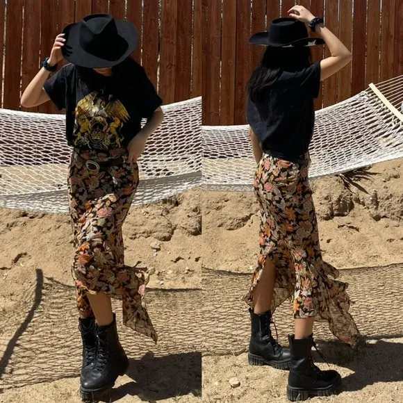 Vtg Dana Buchman 100% Silk Floral Handkerchief Hem Midi Skirt Size 2