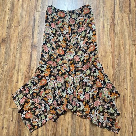 Vtg Dana Buchman 100% Silk Floral Handkerchief Hem Midi Skirt Size 2