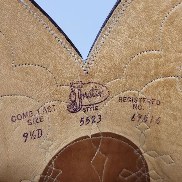 VTG Justin Boots Mens 9.5D Brown Leather Western Cowboy Rodeo Riding Ranch 5523