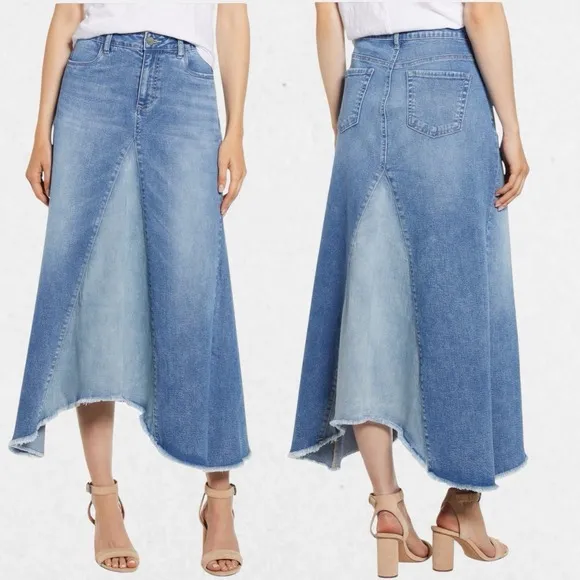 Wash Lab Denim Two-Tone High Low A-Line Asymmetrical Midi Skirt Women's Size 30