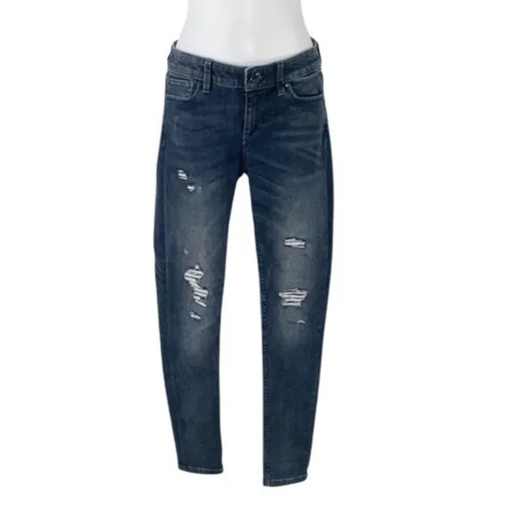 White House Black Market Dark Wash Destructed Sequin Skinny Jeans 00