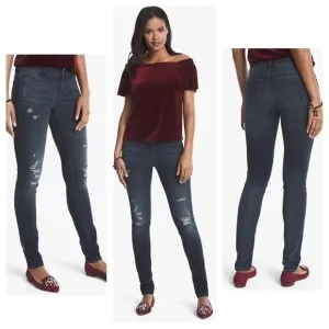 White House Black Market Dark Wash Destructed Sequin Skinny Jeans 00