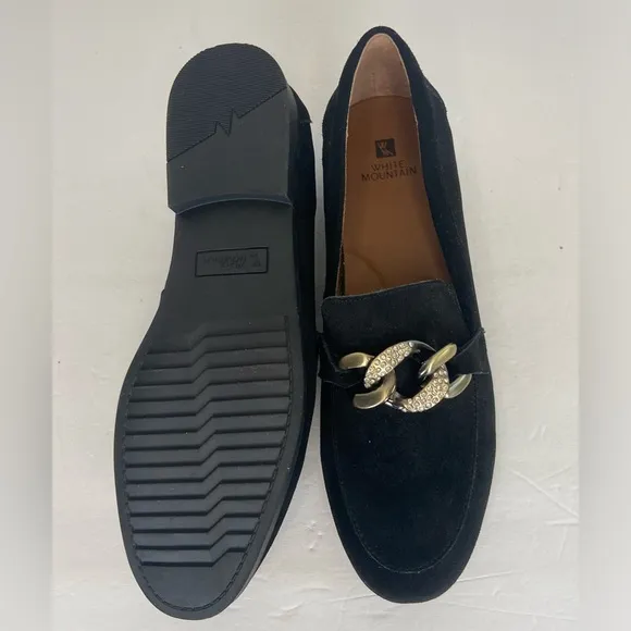 White Mountain Casavas Women's Slip On Loafers Size 10 M Black Suede Metal Chain