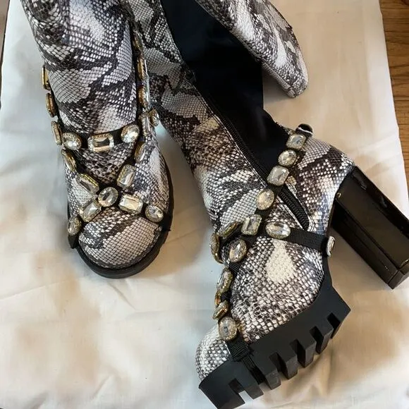 WILD DIVA SNAKESKIN MOTIF BOOTS.  NEW