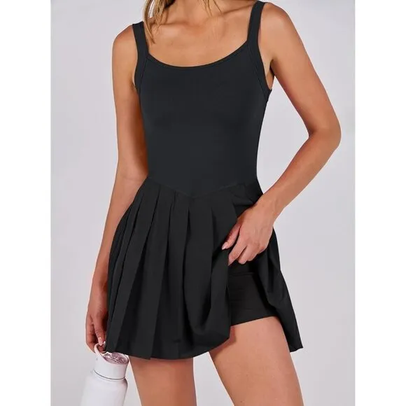 Women Black Tennis Athletic Build Shorts Pleated Summer Mini Dress Golf Casual