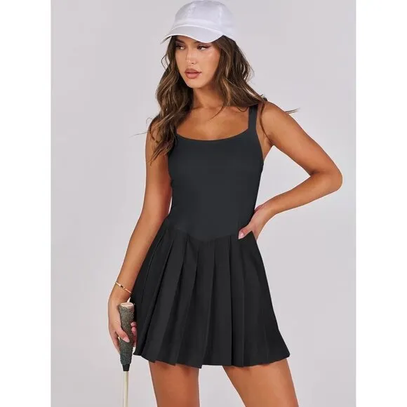 Women Black Tennis Athletic Build Shorts Pleated Summer Mini Dress Golf Casual