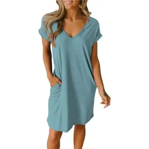 Women V-Neck Short Sleeve Summer Dresses Grey Blue