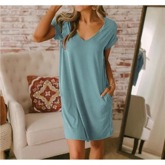 Women V-Neck Short Sleeve Summer Dresses Grey Blue