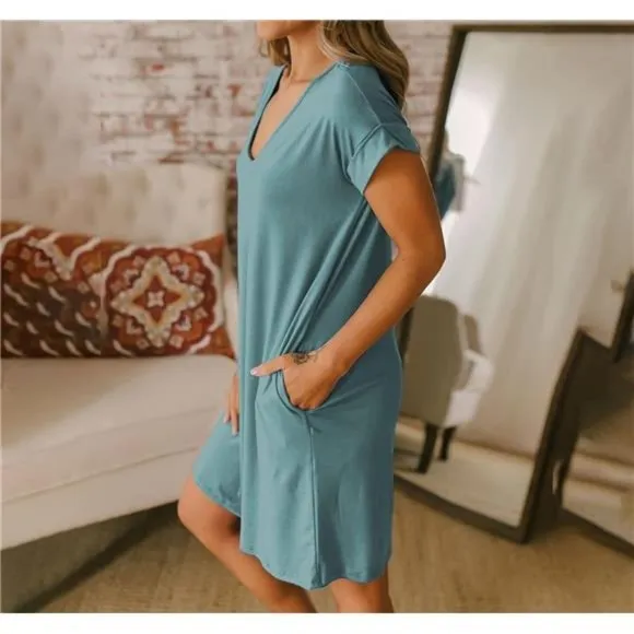 Women V-Neck Short Sleeve Summer Dresses Grey Blue