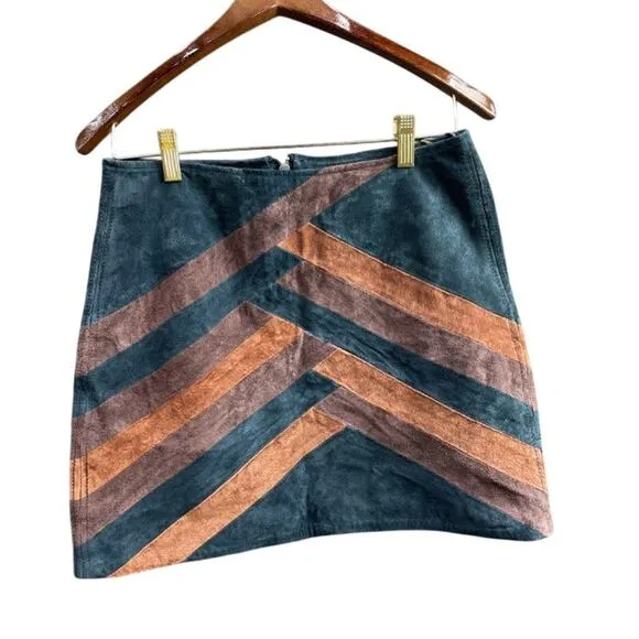 Women’s 28/6 Suede Leather Mini Skirt Chevron Patchwork Boho Festival BLANKNYC