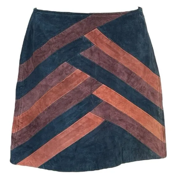 Women’s 28/6 Suede Leather Mini Skirt Chevron Patchwork Boho Festival BLANKNYC