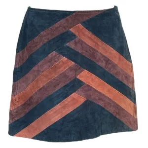 Women’s 28/6 Suede Leather Mini Skirt Chevron Patchwork Boho Festival BLANKNYC