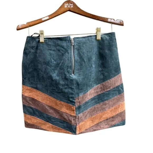 Women’s 28/6 Suede Leather Mini Skirt Chevron Patchwork Boho Festival BLANKNYC