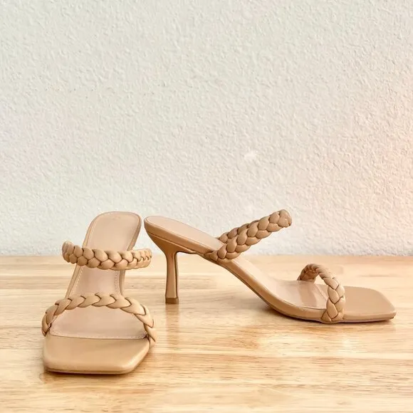 Women's 8.5 Nude Tan Beige Vegan Leather Braided Strappy Square Toe Sandal Heels