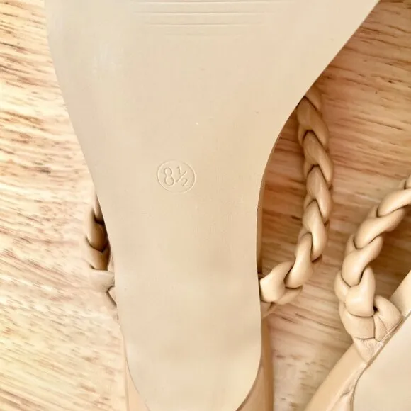 Women's 8.5 Nude Tan Beige Vegan Leather Braided Strappy Square Toe Sandal Heels