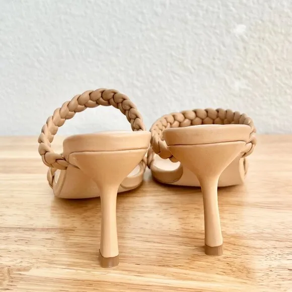 Women's 8.5 Nude Tan Beige Vegan Leather Braided Strappy Square Toe Sandal Heels