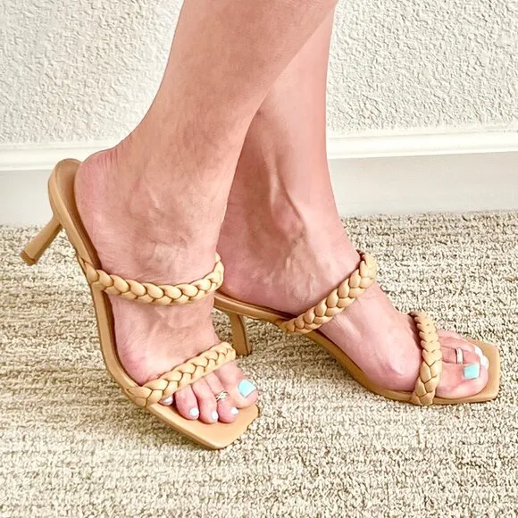 Women's 8.5 Nude Tan Beige Vegan Leather Braided Strappy Square Toe Sandal Heels