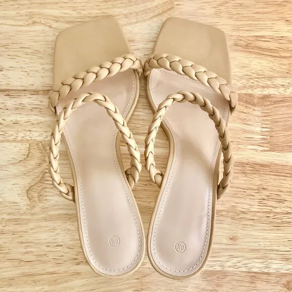 Women's 8.5 Nude Tan Beige Vegan Leather Braided Strappy Square Toe Sandal Heels
