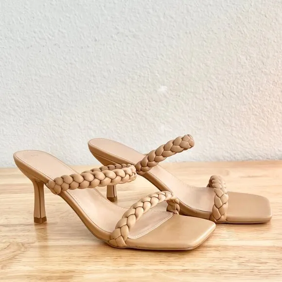 Women's 8.5 Nude Tan Beige Vegan Leather Braided Strappy Square Toe Sandal Heels