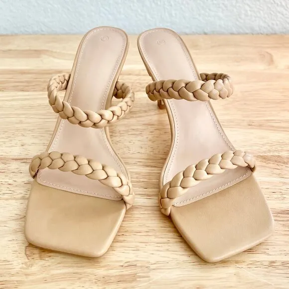 Women's 8.5 Nude Tan Beige Vegan Leather Braided Strappy Square Toe Sandal Heels