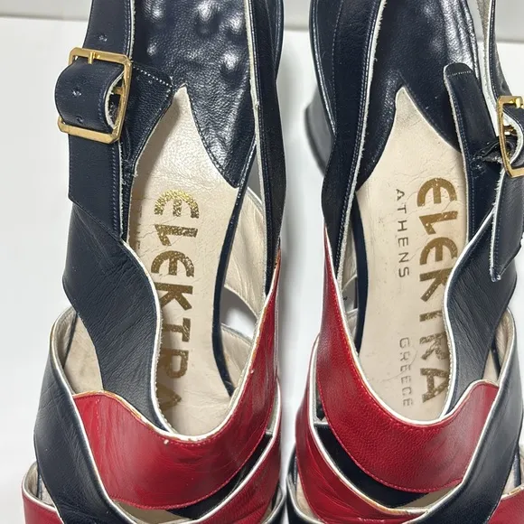 Women’s 8.5 vintage navy blue/red slingback strappy heeled leather sandals