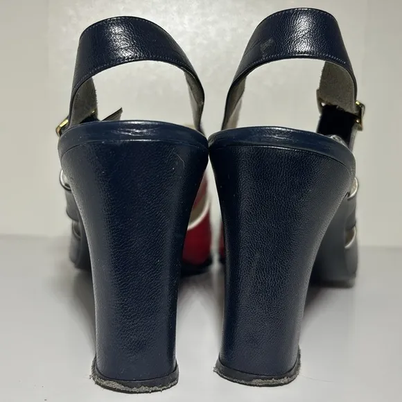 Women’s 8.5 vintage navy blue/red slingback strappy heeled leather sandals