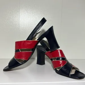 Women’s 8.5 vintage navy blue/red slingback strappy heeled leather sandals