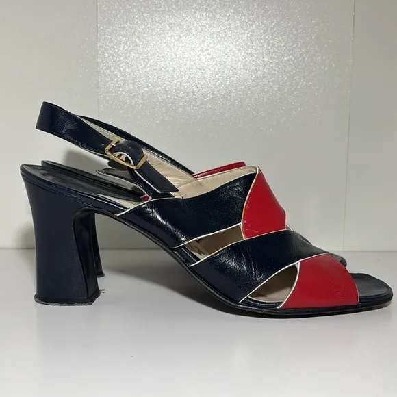 Women’s 8.5 vintage navy blue/red slingback strappy heeled leather sandals