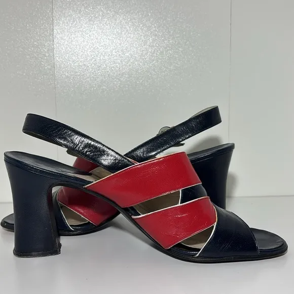 Women’s 8.5 vintage navy blue/red slingback strappy heeled leather sandals