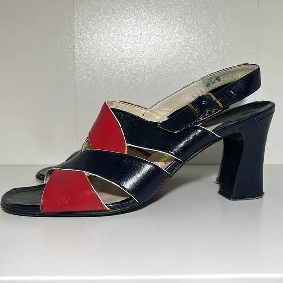 Women’s 8.5 vintage navy blue/red slingback strappy heeled leather sandals